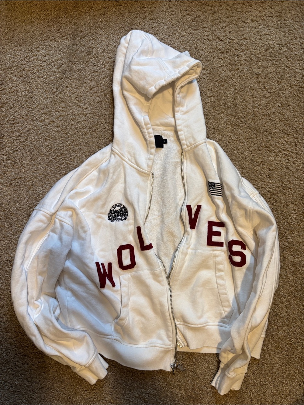 Darc Sport White Zip-Up Hoodie with Red 'WOLVES' Lettering